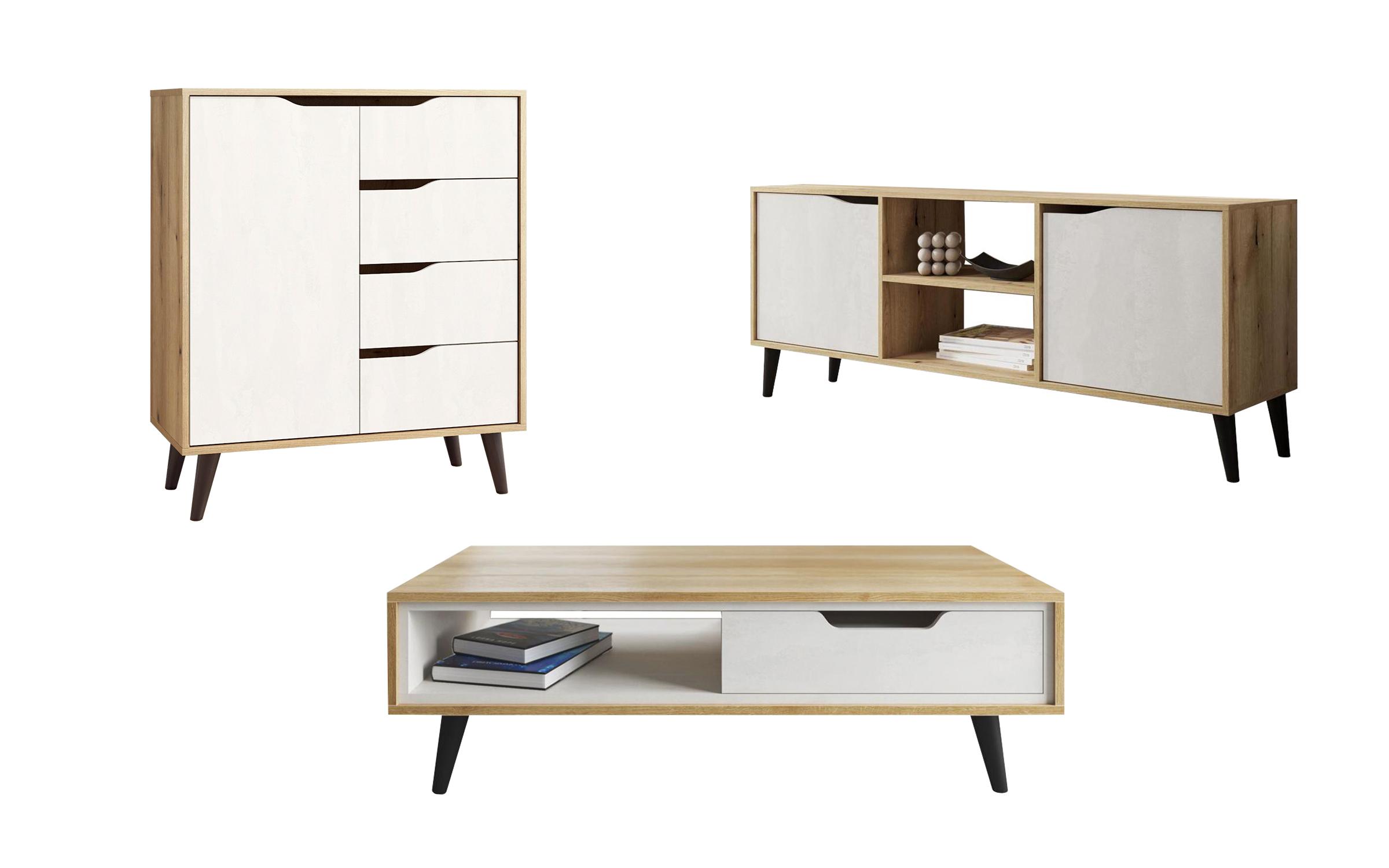 Modul TV Morano M + Comoda Morano C + masuta de cafea Morano II, Silk + stejar evoc  1